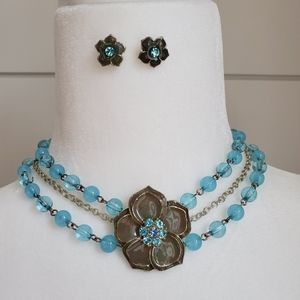 Vintage-Style Teal Flower Necklace & Earring Set
